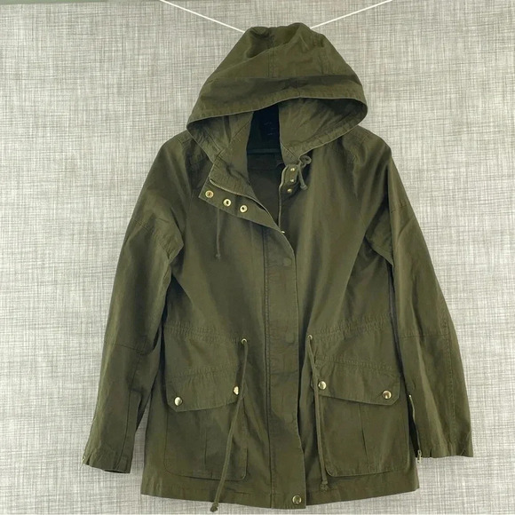 Anthro Love Tree Army Green Full Zip Long Sleeve Hooded Utility Jacket Women's S - Picture 1 of 10